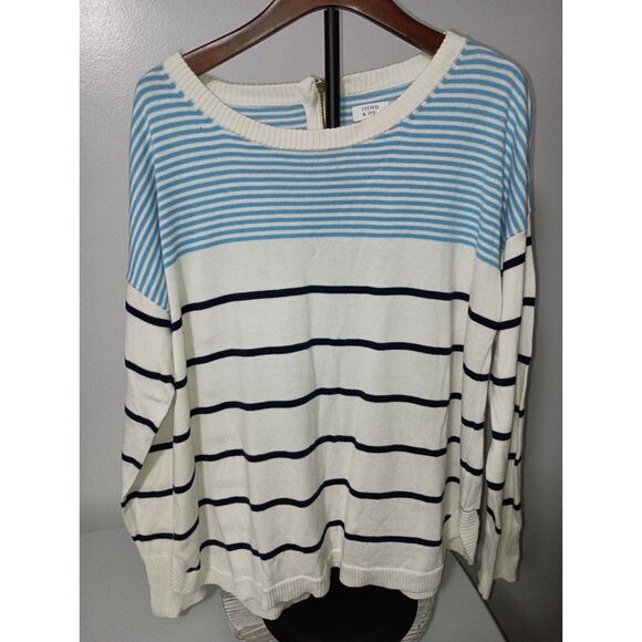 Crown & Ivy: Round Neck Blue/White/ Black Striped Sweater - Women's Size XL - Picture 1 of 4